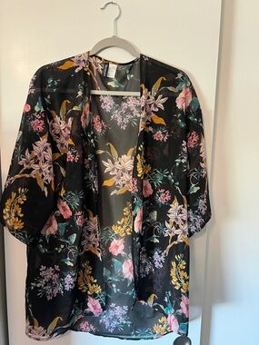 Divided Floral Satin Open-Front Kimono - Black with Pink, Yellow & Teal Flowers